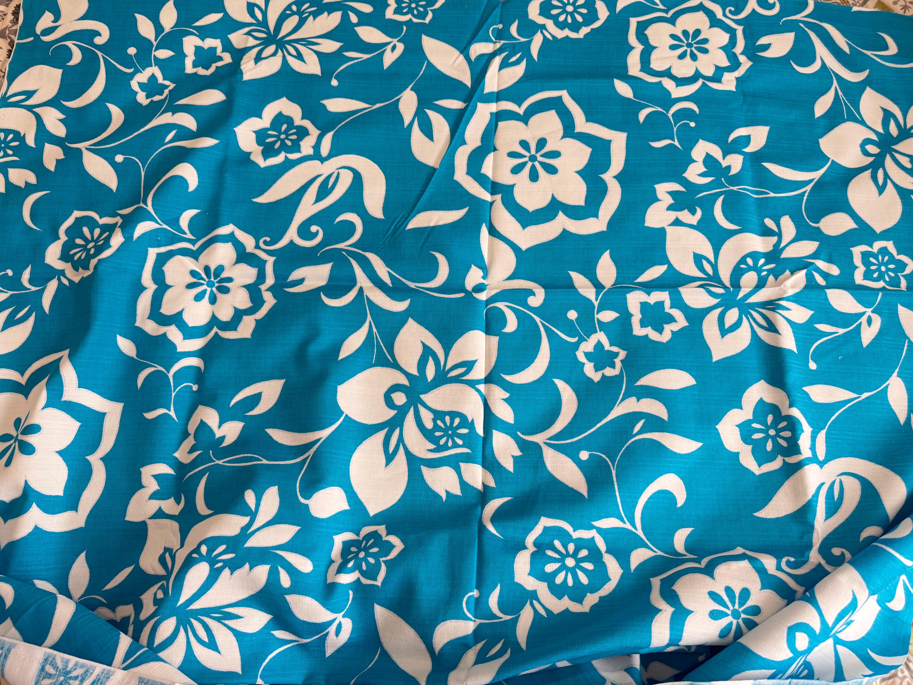 Vintage GVH Hawaii Print Bright Blue Scalloped Border Barkcloth