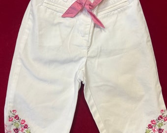 Infant Girls Janie and Jack White with Pink Embroidered Flowers Pants Scalloped Trim, 12m-18m - 2 pocket white infant pants