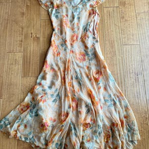 TRUE 1920/30&#39;s Floral Organza Long Ball Gown Dress Ruffled Hem V Drop Waist Side Snap Closure WITH ISSUES!~ Flapper dress, organza dress