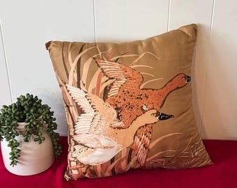 Vintage JIM THOMPSON Silk Gold & Orange Duck Bird Pillow with Insert 14"~ mallard duck pillow, silk pillow, bird pillow, Jim Thompson pillow