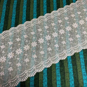 May include: A strip of white lace trim featuring an intricate embroidered floral pattern with swirling vine details and a scalloped edge. The lace is semi-transparent and displays a repeating design of small blossoms across the entire surface.
