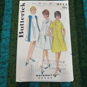 Jaren 60 Butterick-naaipatroon 3111 Misses A-vormige strandjurk met diagonale naden en kraag Maat 10 Cut ~ zwangerschapsjurk
