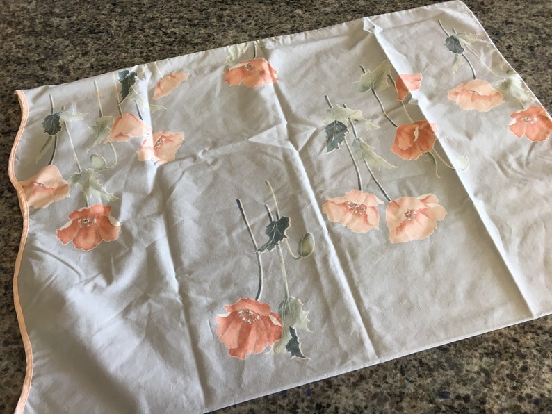 Vintage Springmaid Blue with Pink Poppies Standard Size Pillowcase with Scalloped Edge floral standard pillowcase Springmaid pillowcase