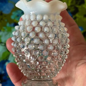 Vintage Fenton Moonstone Opalescent Hobnail MINI Glass Bud Vase Ruffled Edge~ Fenton Moonstone bud vase 3 1/2&quot;