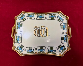 Antique Art Nouveau Style Porcelain Dresser Tray Hand Painted Bavarian with Heavy Gold Detail Initials in Center 13” x 10”- decorative tray