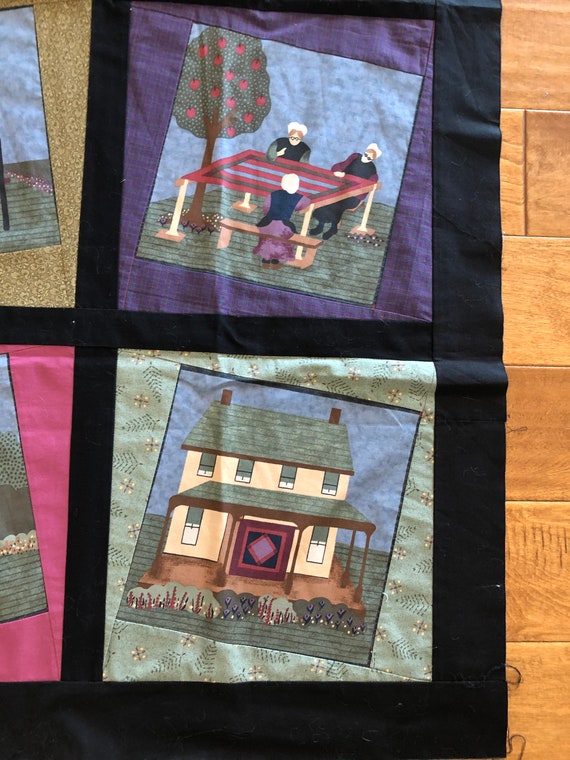 Vintage P Buckley Moss Style Farm Quilt Top Black Background