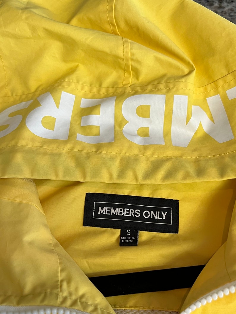 Members Only Bright Yellow Hoodie Windbreaker half Zip Front with Checkered Drawstring Size S sailing windbreaker, Members only windbreaker image 3