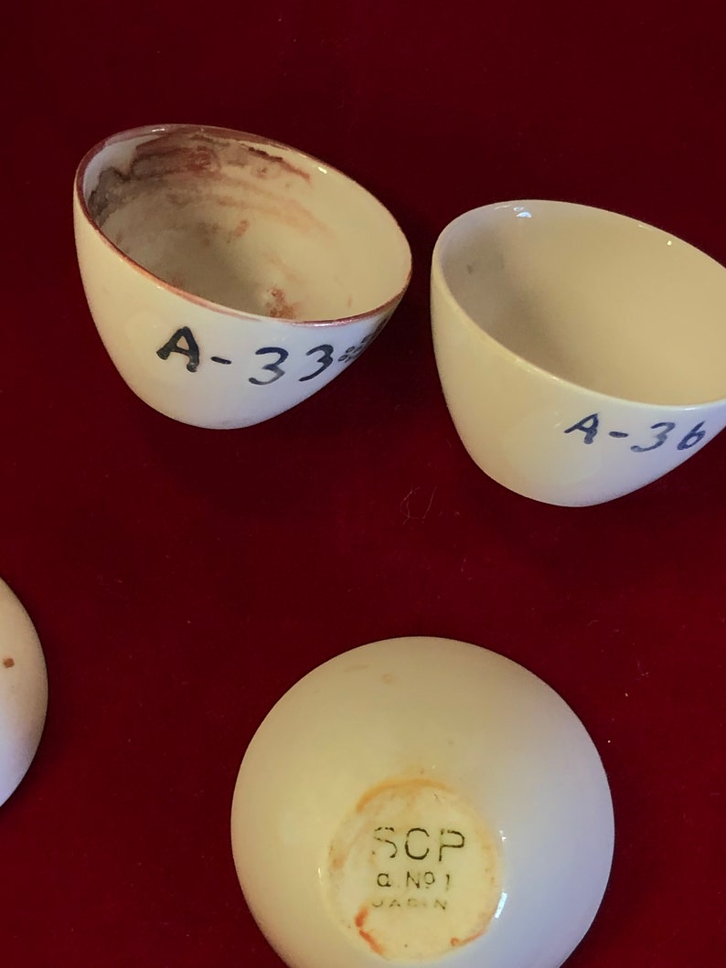 AntiqueVintage Lot of 7 White Porcelain Science Lab Crucibles Filters by Coors Pottery and SCP Japan science lab dish chemistry crucible