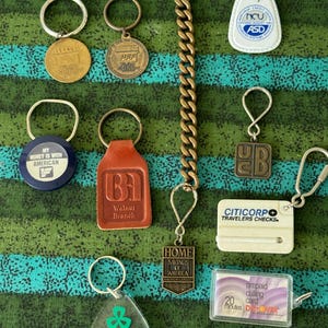 Puede incluir: Una colección de diez llaveros vintage con diversos diseños, incluyendo fichas de metal, etiquetas de cuero, colgantes de plástico y una cadena larga de latón. Los artículos muestran logotipos y textos como Citicorp, Sanwa Bank, Home Savings y Discover.