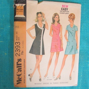 1970 McCalls Sewing Pattern 2393 Misses Side Button Short Dress in 3 Versions Size 14 cut~ 1970s dress, front wrap dress, summer dress