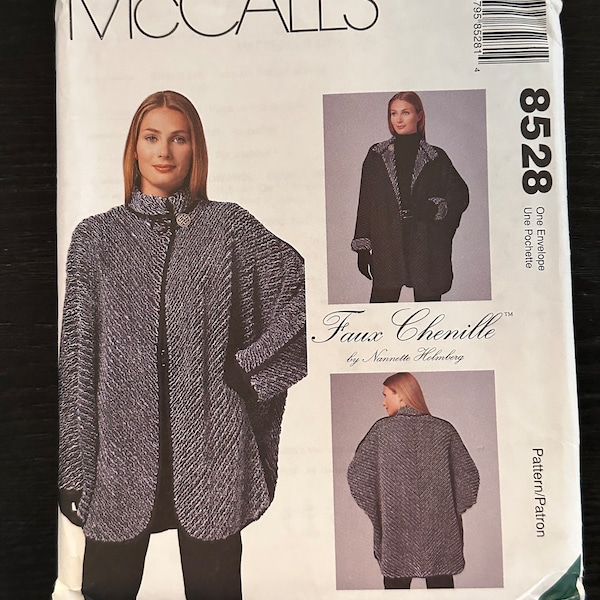 1996 McCall's 8528 Faux Chenille by Nannette Holmberg Loose Wrap Jacket One Size ~ Oversized Coat, Winter Coat, Big Sleeve, Faux Chenille