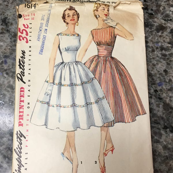 RARE 1950S Simplicity Sewing Pattern 1614 Misses Empire Waist Dress with Tiered Skirt Size 14 cut- 1950s formal dress pattern, tiered skirt