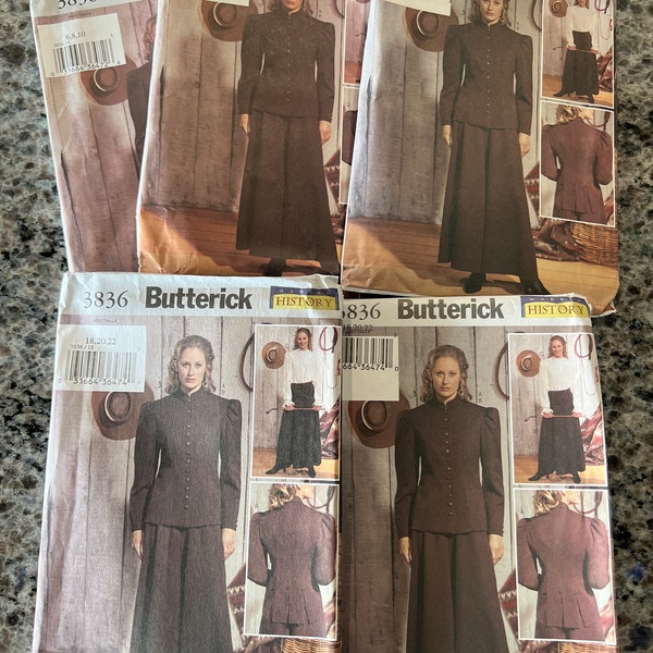 PICK SIZE ~ Patron de couture histoire Butterick 3836 Veste western pour femme avec jupe-culotte longue Costume western 6-10 ou 12-16 ou 18-22 ans