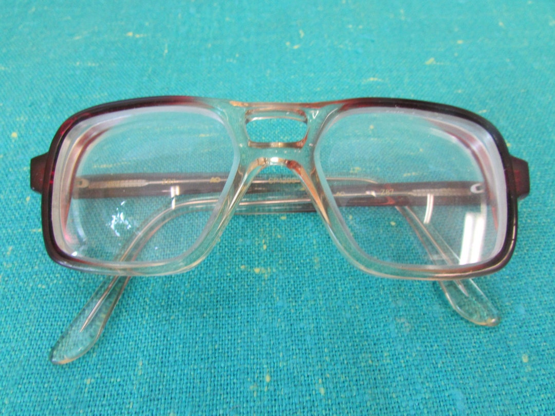 1970s AO Prescription Lens Eyeglasses Burgundy and Clear Frames, CP1200