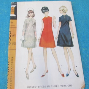 1967 Sewing Pattern McCalls 8865 Misses A-Line Dress w High Neckline & Three Sleeve Lengths, Size 12; UNCUT, dress in 3 versions