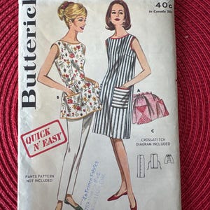 SÄLLSYNT 1960-tals Butterick Symönster 2749 Missar En Storlek Snabbt Enkelt Hel- & Halvförkläde med Påsydda Fickor Oklippt Korsstygnsförkläde