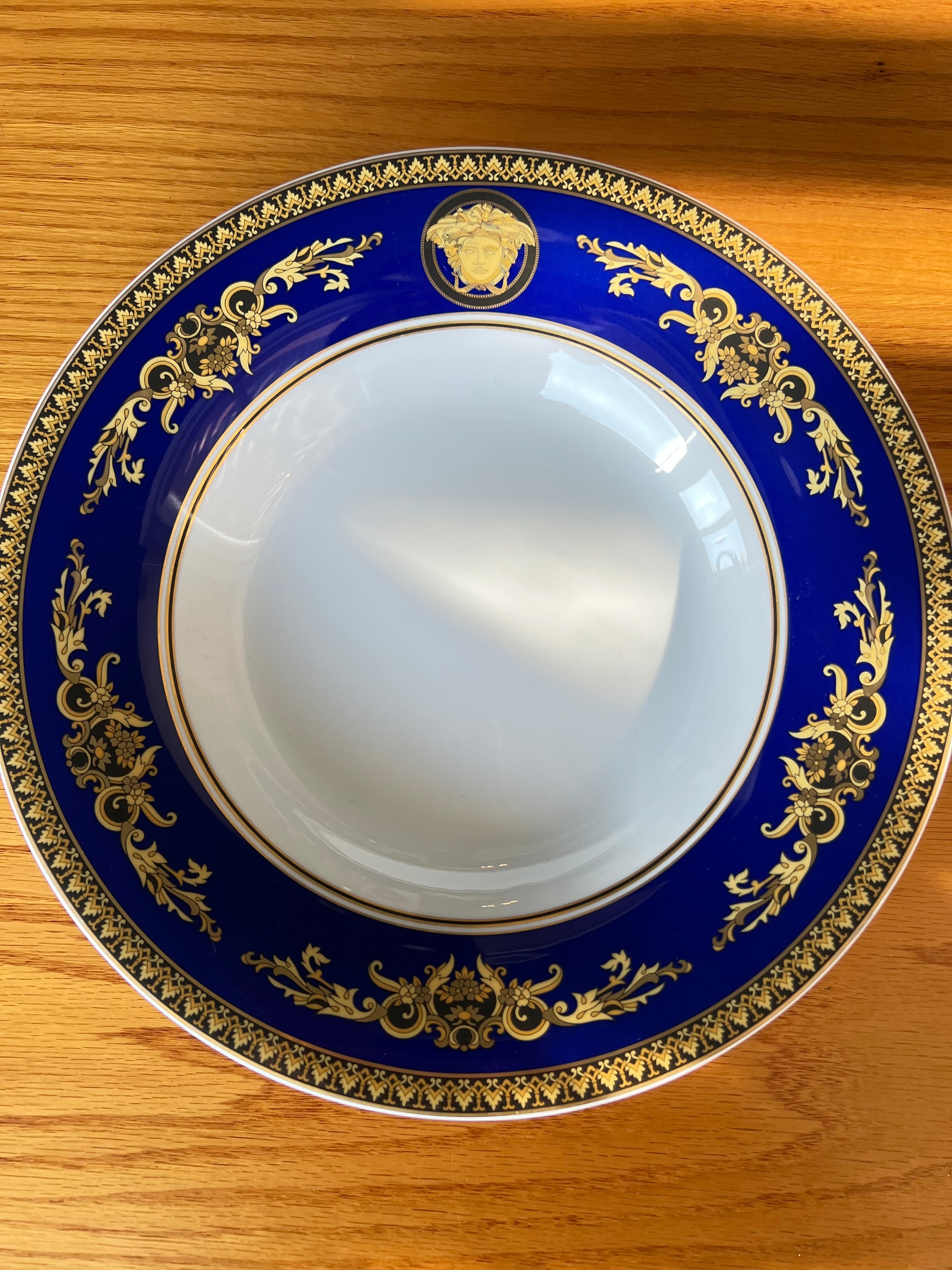Versace Medusa Blue & Gold Large Pasta Bowl Serving Bowl 12” X 2