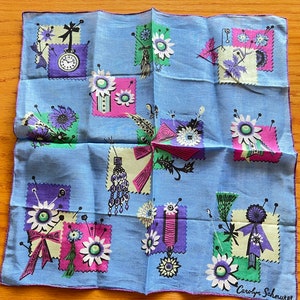 1950’s Carolyn Schurer Designer Hanky Handkerchief Blue with Inspiration Board design 14 1/2”- designer handkerchief, Carolyn Schurer