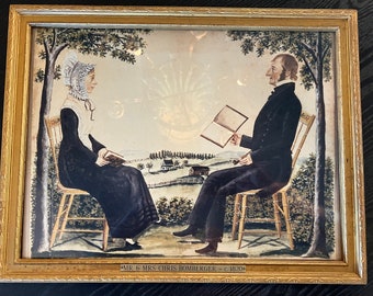 Antique Framed Jacob Maentel Colonial Watercolor Print of Mr. and Mrs. Chris Bomberger 1820 17 1/2" x 13 1/2"~ Bomberger family, antique art