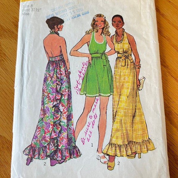 1973 Simplicity Sewing Pattern 5683 Misses Back Wrap Halter Top Short or Long Dress Ruffled Hem Size 8 Cut-vintage wrap halter dress