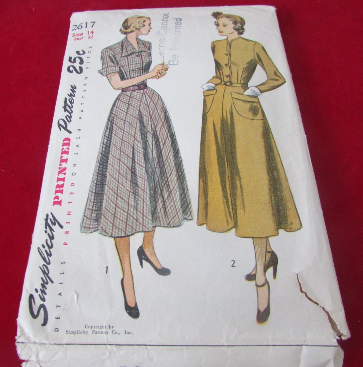 Simplicity 1356 Vintage 1950's Sewing Pattern Ladies Buttoned Front Day  Dress Pointed Collar