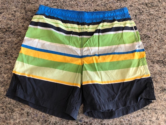 1980/90's Mens Nautica Green Striped Nylon Short Swim Trunks