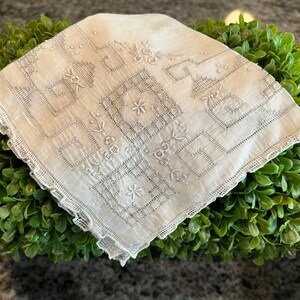 Vintage White Appenzell Lace with Gray Madeira Embroidery Handkerchief or Hanky 11” - wedding hanky, bridal hanky, bridal gift