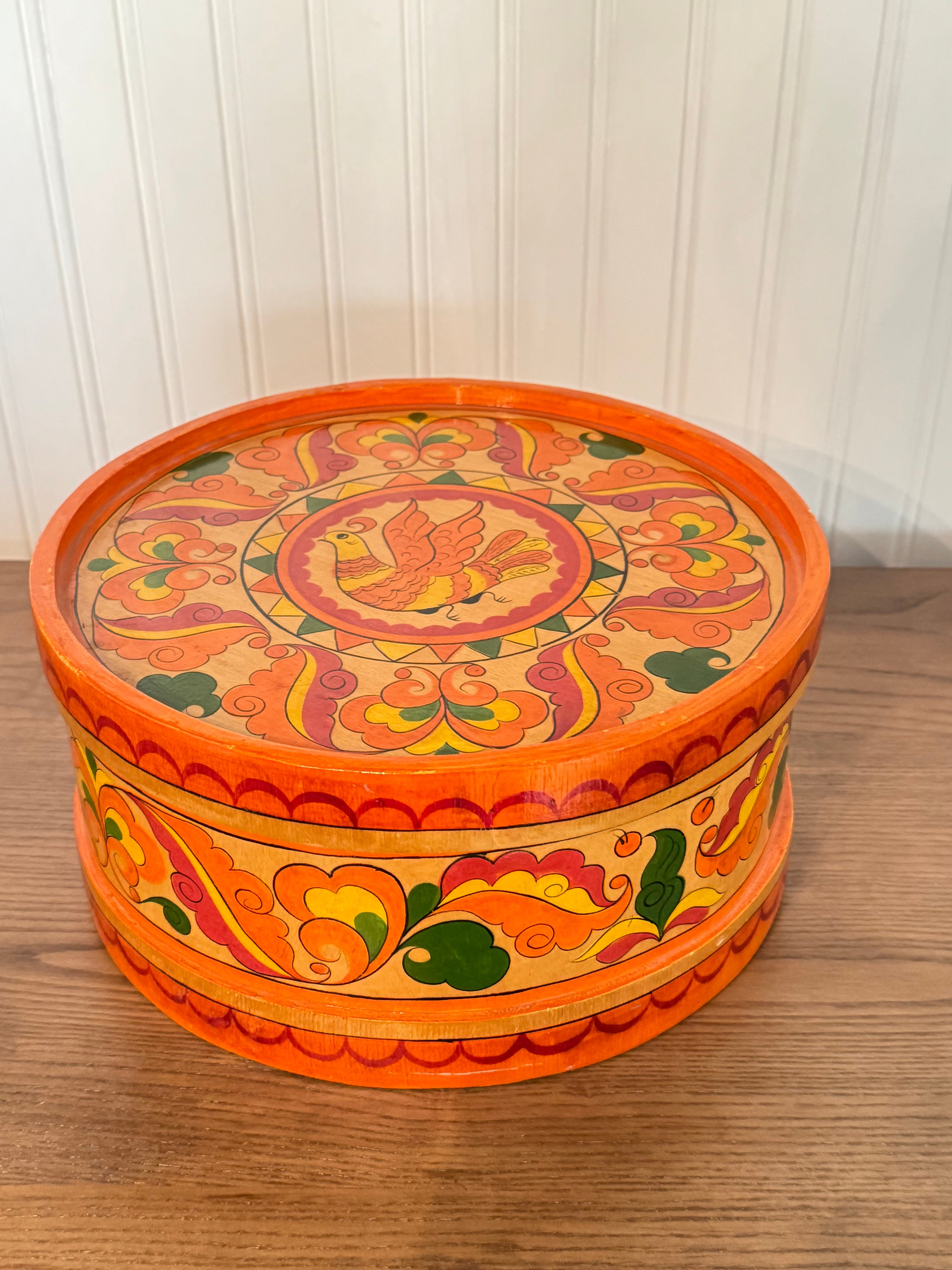 Vintage 1989 Khokhloma Hand Painted Orange Wood Craft Box