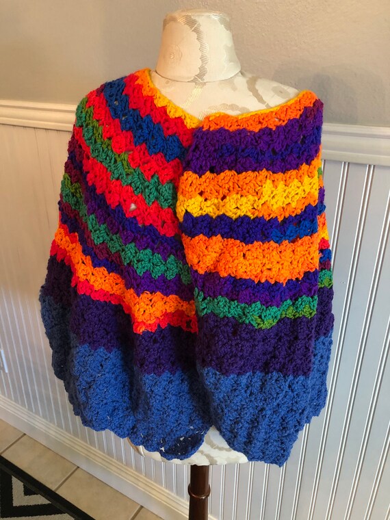Vintage Handmade Rainbow Stripe Crochet Shawl or W