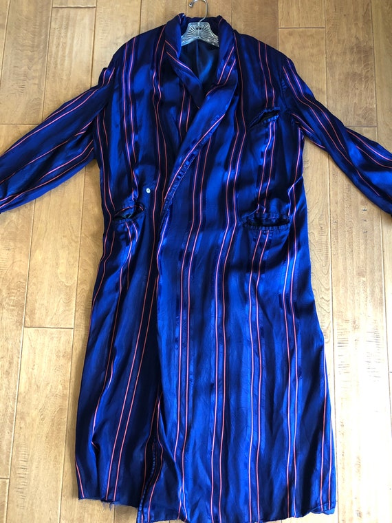 VTG 1960s Blue Satin Striped Mens Smoking Jacket R