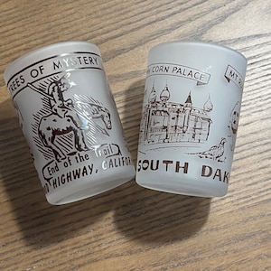 U CHOOSE~ 1960/70&#39;S Retro Hazel Atlas Frosted Souvenir Shot Glass ~ South Dakota shot glass or Trees of Mystery CA shot glass~ Hazel Atlas