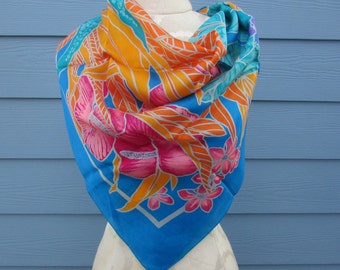 Vintage Aqua Blue Large Silk Hawaiian Floral Square Scarf Pink, Orange & Teal, 33" - head scarf, silk scarf, chemo scarf, sarong or cover-up