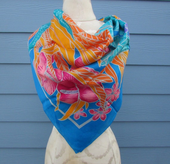 Vintage Aqua Blue Large Silk Hawaiian Floral Squa… - image 1