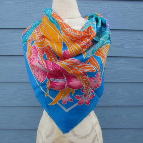 Vintage Aqua Blue Large Silk Hawaiian Floral Square Scarf Pink, Orange & Teal, 33" - head scarf, silk scarf, chemo scarf, sarong or cover-up