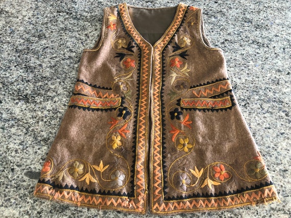 RARE Folk Costume Brown Felted Wool Embroidered Ve