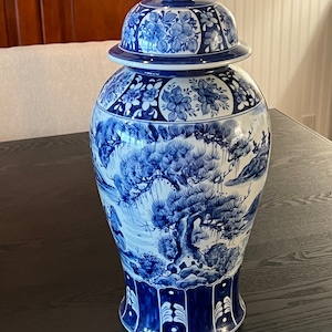 Vintage Blue & White Asian Temple Jar Ginger Jar w/lid 18 1/2” tall with Bonsai trees and mountains- asian blue jar, Asian ginger jar