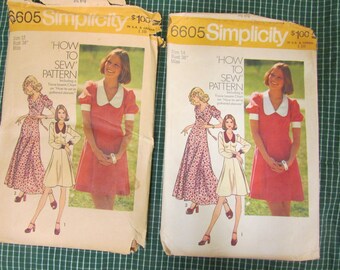 U Pick - 1974 Simplicity Sewing Pattern 6605 HOW to SEW Full Sleeve Dress in 2 Lengths, Size 12 or 14, Cut - 70's teen dress