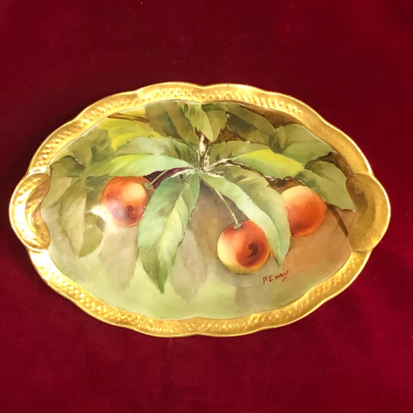 Vintage Beautiful Ginori Italy Hand Painted Cherries Oval Candy Dish Gold Trim No 208 signed by Artist- cherry dish, cherry pattern