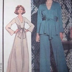 Rare 1970s McCalls Sewing Pattern 4730 Misses Pullover Long Sleeve Dress or Top & Pants, Size 14, cut; 1970s dress, dress with tie belt
