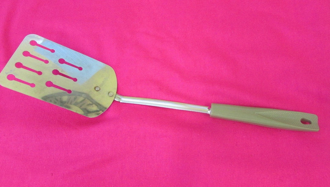 Vintage EKCO Long Green Handled Slotted Spatula, Chrome Plated, 13