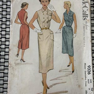 Vintage 1953 McCalls Schnittmuster 9326 Misses Zweireihiges ärmelloses schmales Kleid Größe 46 Uncut ~Schnittmuster, 50er Jahre Sommerkleid