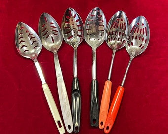 U CHOOSE Vintage Slotted Stainless Spoons with Plastic Handles- Androck, Ekco, Foley , Maid of Honor- vintage kitchen slotted spoon