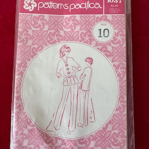 May include: A vintage sewing pattern packet from "Patterns Pacifica" in a clear plastic sleeve. The pink packet features a floral design and a drawing of two figures wearing matching outfits. The size is 10.