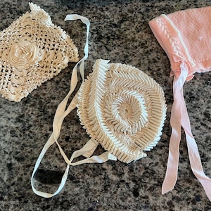 Lot of Antique Victorian Baby Bonnets Crocheted Lacy Design w/ Woven Ribbons, Crochet Baby Bonnet & Pink Wool Bonnet hat with holes