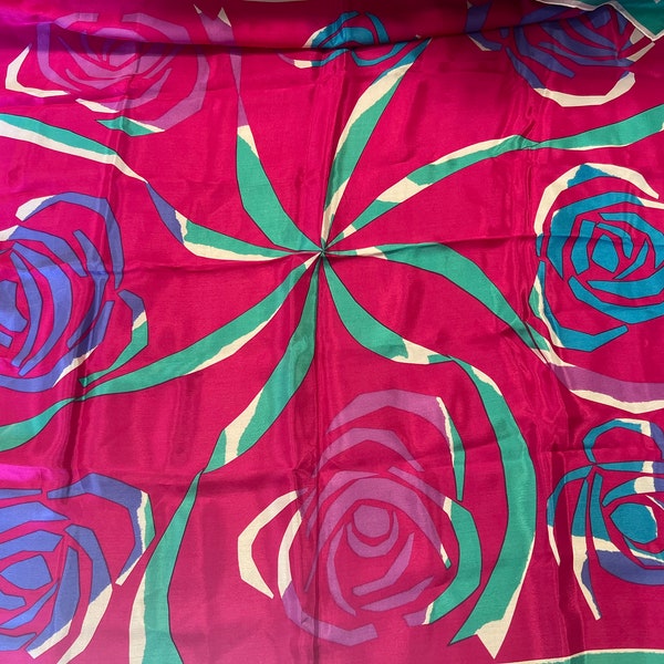 Vintage Vera Neumann Pink, Blue and Green Floral Silk Square Scarf, 29" - head scarf, silk scarf, chemo scarf, sarong or cover-up