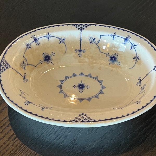 Antique Furnivals England Blue & White floral Oval Serving Bowl 8 1/2" x 6 1/2"~ Furnivals Denmark, blue and white china, oval serving bowl