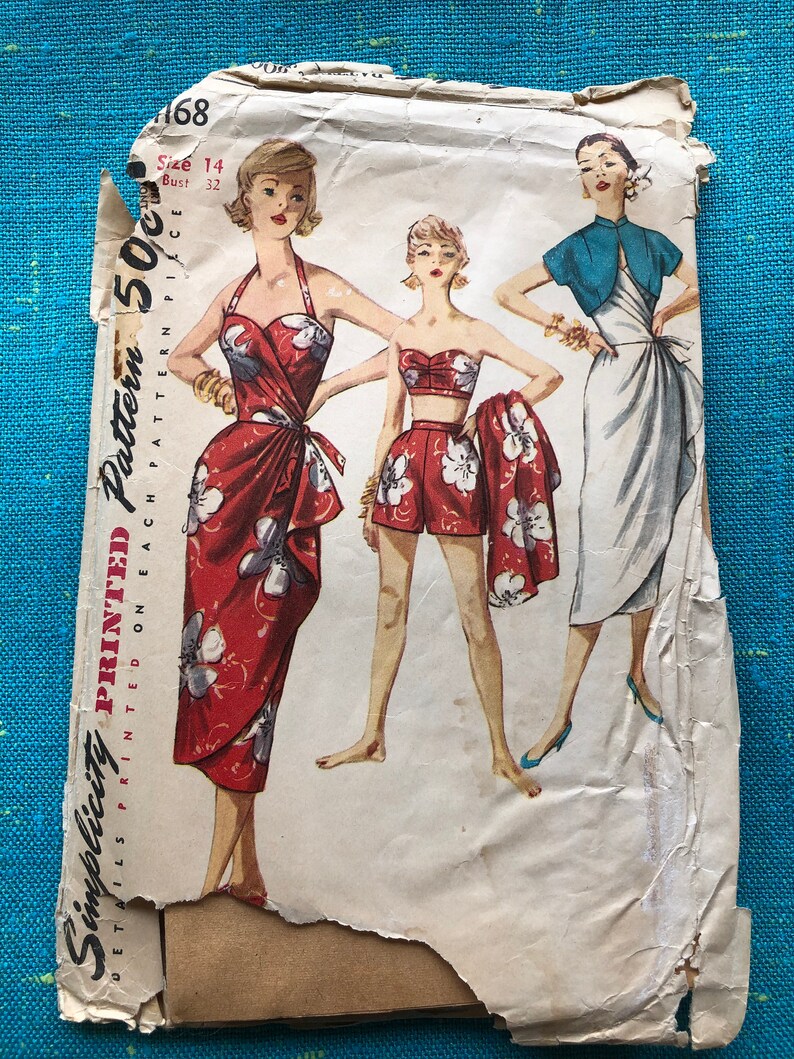 Pinup Dress 1950 S Simplicity Sewing Pattern 1168 Misses Sarong Style Wrap Dress With Strapless Bra High Waisted Shorts Size 14 Cut Pinup Dress 1950 S Simplicity Sewing Pattern 1168 Misses Sarong Style Wrap Dress With Strapless Bra High Waisted Shorts Size 14 Cut