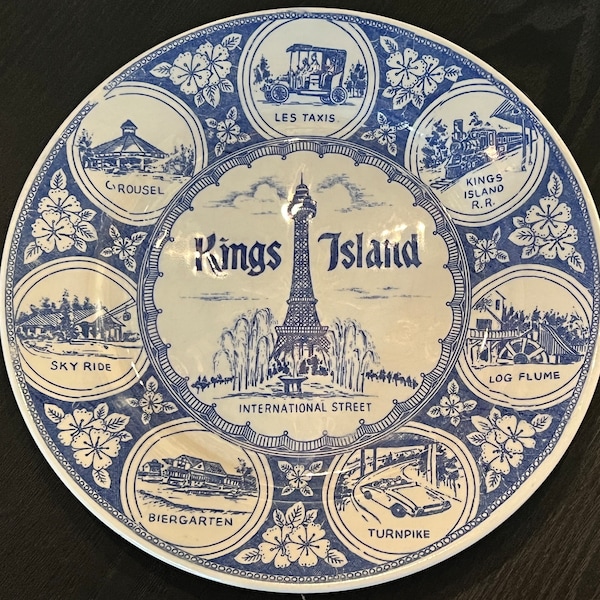 Vintage Kings Island Ohio Amusement Park Blue Souvenir Dinner Plate 9 1/4" ~ Ohio amusement park plate, amusement park souvenir