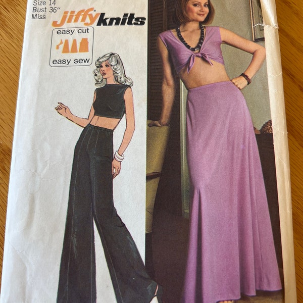 1974 Simplicity Sewing Pattern 6410 Misses Jiffy Stretch Knit Midriff Top, Maxi Skirt, Wide Leg Pants, Size 14 - maxi skirt