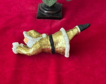 Vintage Dept. 56 Christmas Papier Mache Gold Flying Santa Ornament 7" ~ flying Santa Ornament, paper mache ornament